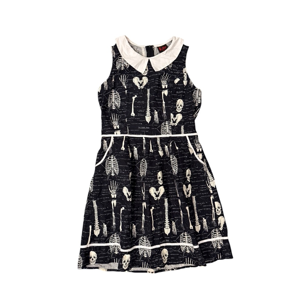 Folter Skeleton Anatomy Dress Women XL Black White Peter Pan Collar Goth Pockets
